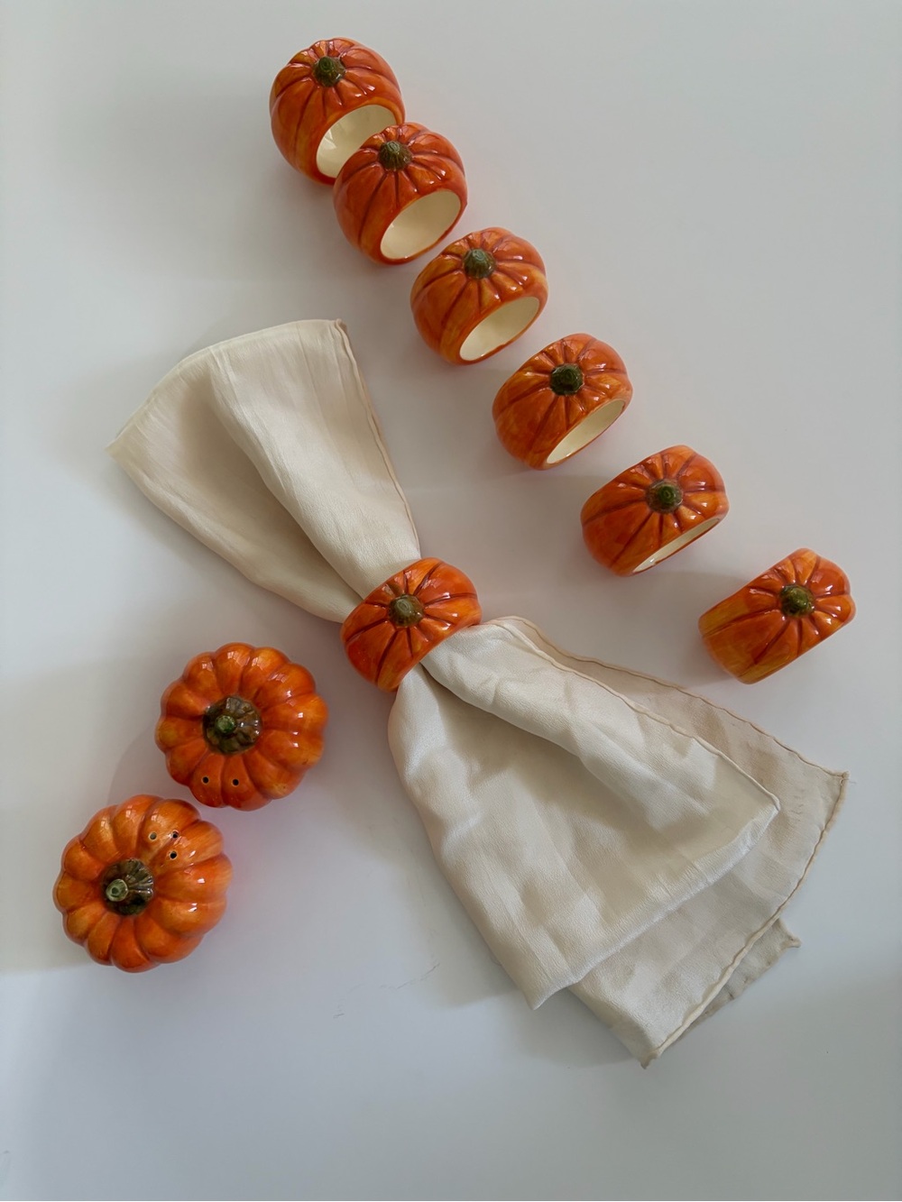 Vintage Otagiri Pumpkin Napkin Rings with matching Pumpkin Salt & Pepper set.